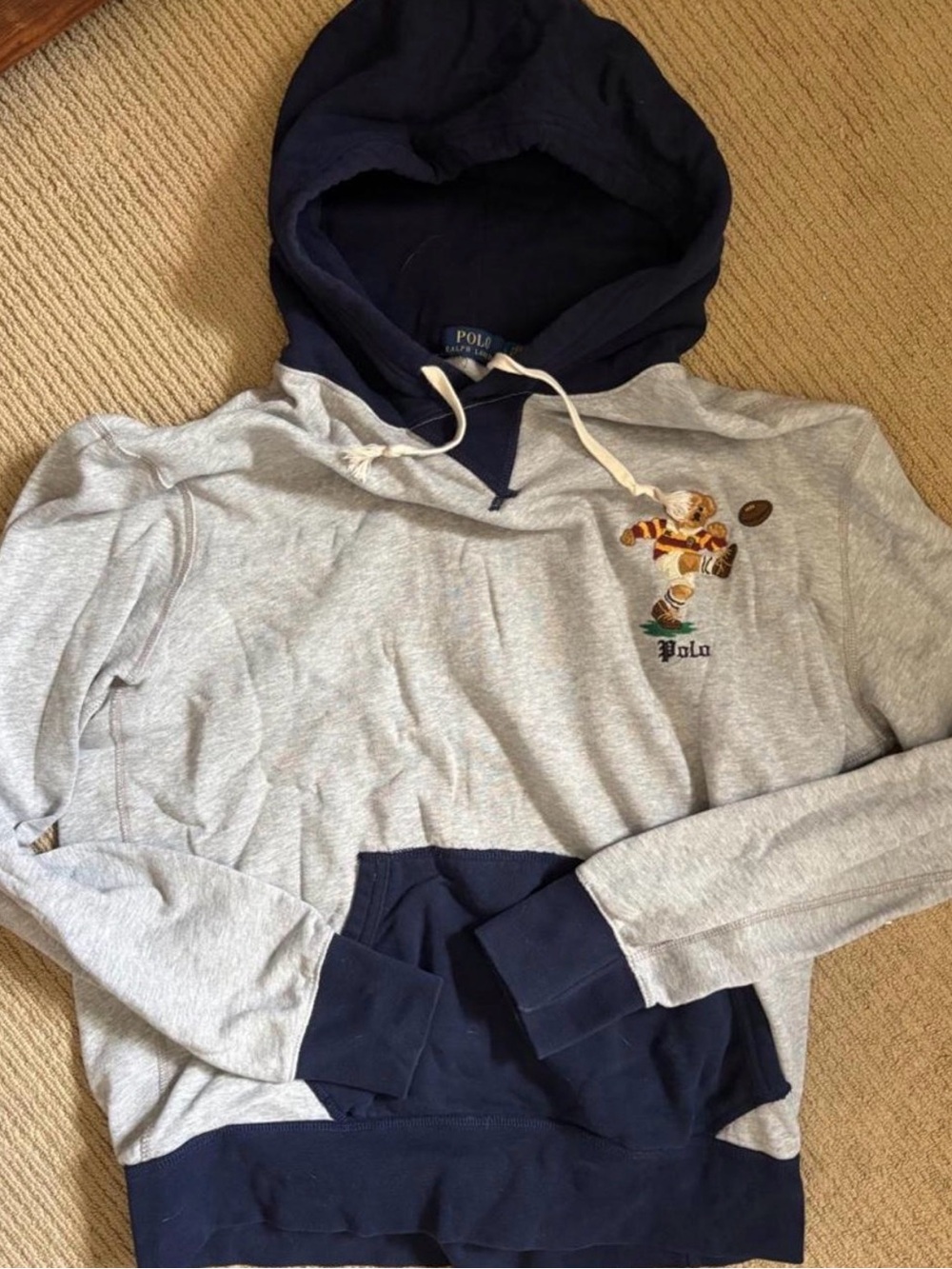 Polo by Ralph Lauren Gray and Navy Hooded Sweatshirt with Embroidered Bear